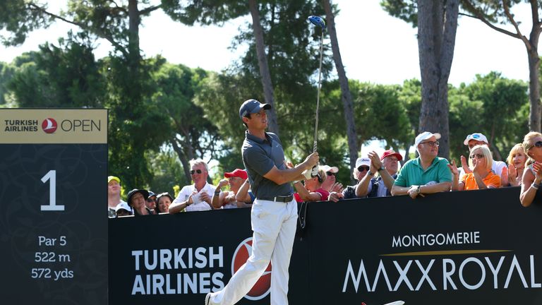 ANTALYA, TURKEY - OCTOBER 31 : Rory McIlroy of Northern Ireland in action during the third round of the Turkish Airlines Open at The Montgomerie Maxx Royal