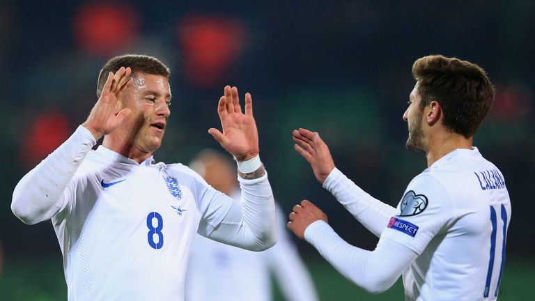 Ross Barkley of England (8) celebrates with Adam Lallana as he scores their first goal