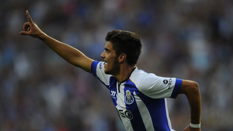 Porto's midfielder Ruben Neves celebrates after scoring during the Portuguese league football match FC Porto vs Maritimo at the Dragao Stadium in Porto on 