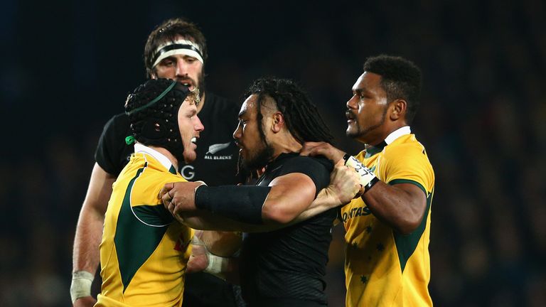 David Pocock and Ma'a Nonu exchange words during New Zealand's win over Australia in August 2015