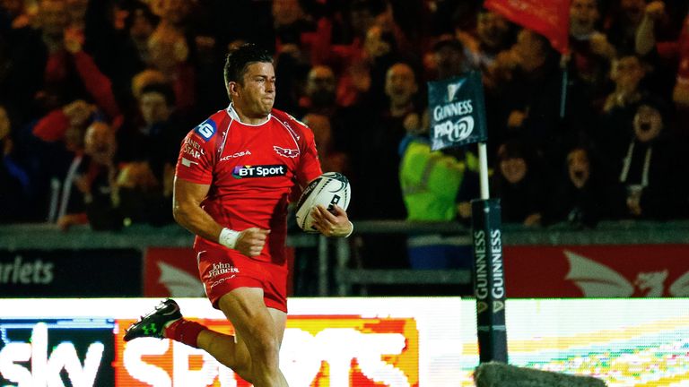 Scarlets wing DTH van der Merwe scores the first of his two tries against Leinster