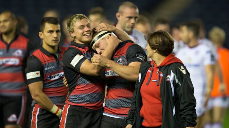 Edinburgh's Hamish Watson (middle) celebrates with his team-mates after their win over Ulster