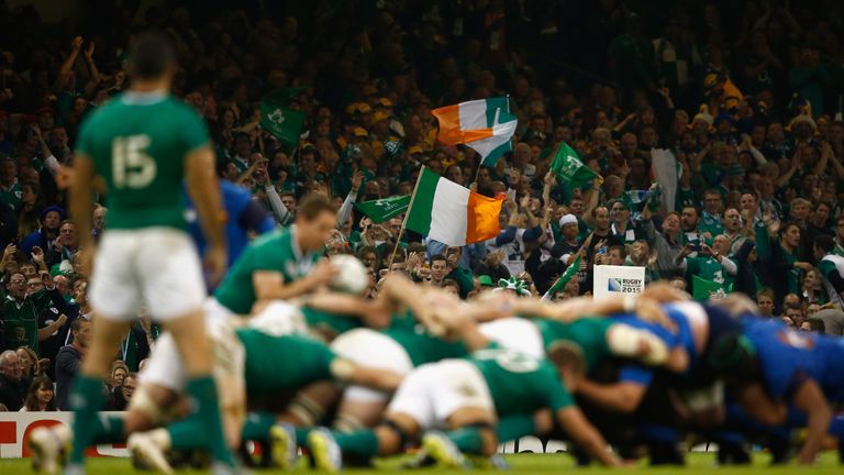 The Ireland fans joins in the singing during the 2015 Rugby World Cup Pool D match between France and Ireland at Millennium Stadium