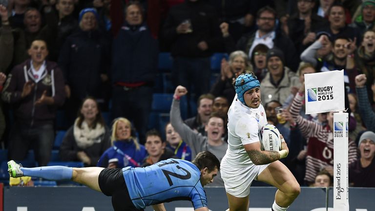 England wing Jack Nowell scores their sixth try against Uruguay