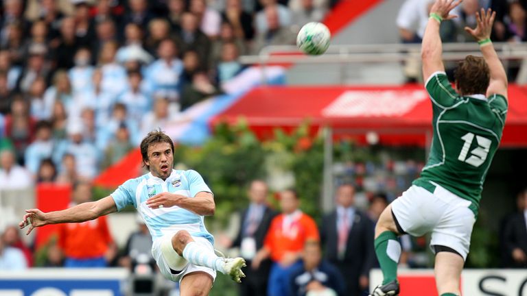 Argentina's Juan Martin Hernandez kicks a drop goal against Ireland at the 2007 World Cup