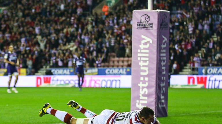 Ben Flower scores a try in Wigan's Super League semi-final win over Huddersfield