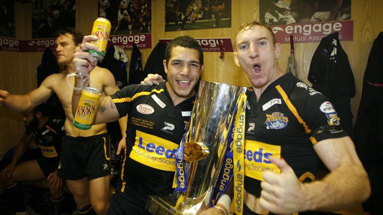 Leeds duo Brent Webb and Scott Donald celebrate after their Super League Grand Final win over St Helens