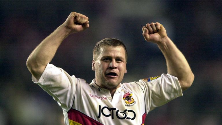 James Lowes celebrates after Bradford's Grand Final win over Wigan in 2003