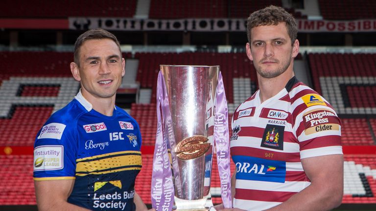 Leeds Rhinos captain Kevin Sinfield (left) and Wigan Warriors captain Sean O'Loughlin (right) pose with the Super League trophy