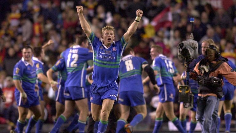 Sean Long celebrates after St Helens' Grand Final win over Bradford in 2002