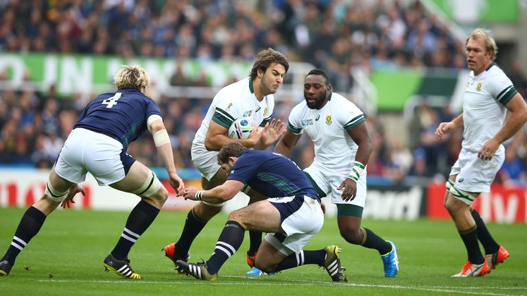 South Africa lock Lood de Jager takes on the Scotland defence