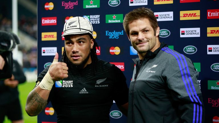 Ma'a Nonu is presented with his 100th cap by New Zealand captain Richie McCaw