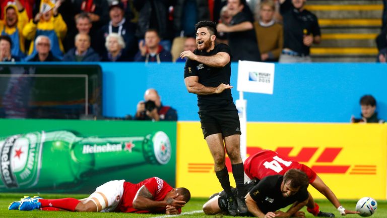 Nehe Milner-Skudder celebrates after scoring his second try against Tonga