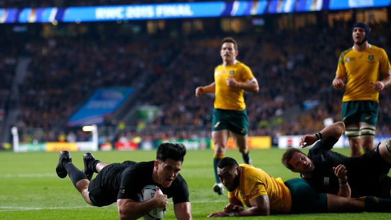 Richie McCaw (right) watches on after teeing up Nehe Milner-Skudder for the opening try