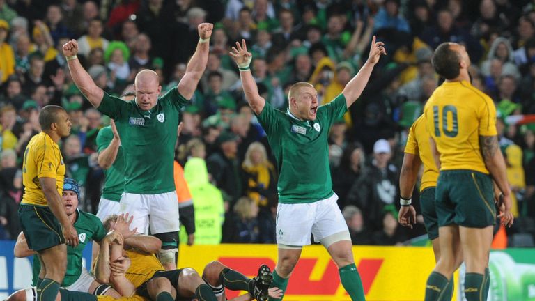 Paul O'Connell and Tom Court react after Ireland's 2011 World Cup win over Australia