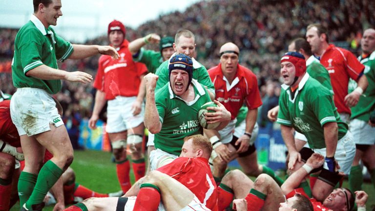 Paul O''Connell celebrates scoring a try on his Ireland debut against Wales in 2002