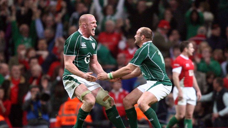Ireland's Paul O'Connell and Rory Best celebrate their victory over Wales in the 2009 Six Nations