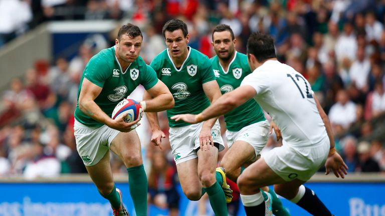 Ireland centre Robbie Henshaw charges forward during the World Cup warm-up against England