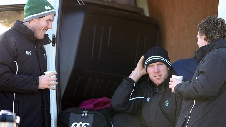 Ireland's Paul O'Connell (C), Brian O Driscoll (R) and Shane Horgan at a training session at St Gerard's School, Bray, Ireland, Tuesday February 14, 2006. 