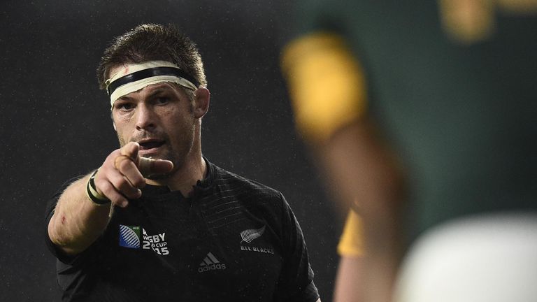 New Zealand's flanker and captain Richie McCaw gestures during a semi-final match of the 2015 Rugby World Cup between South Africa and New Zealand