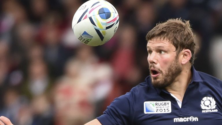Scotland's hooker Ross Ford catches the ball during a Pool B match of the 2015 Rugby World Cup between Scotland 
