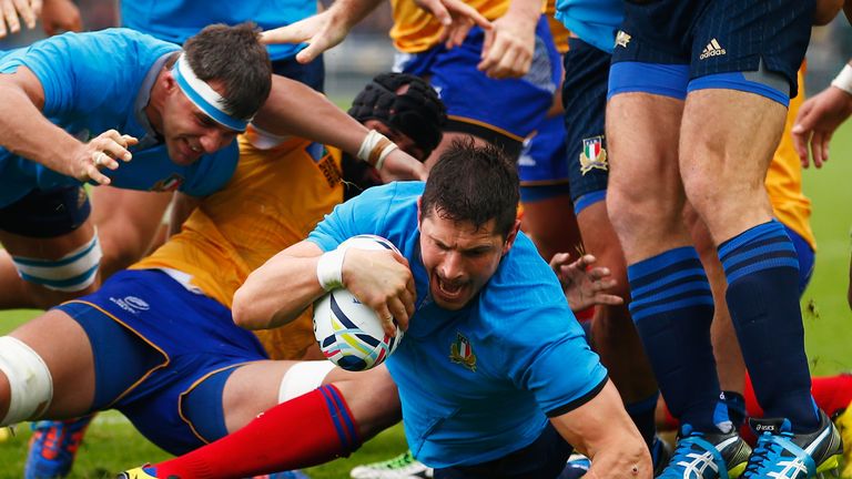 EXETER, ENGLAND - OCTOBER 11:  Alessandro Zanni of Italy scores their fourth try during the 2015 Rugby World Cup Pool D match between Italy and Romania at 