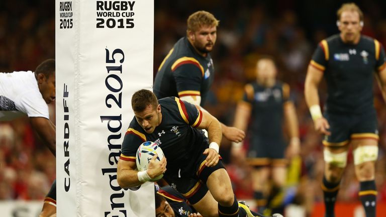 CARDIFF, WALES - OCTOBER 01: Gareth Davies of Wales scores a try during the 2015 Rugby World Cup Pool A match between Wales and Fiji at the Millennium Stad