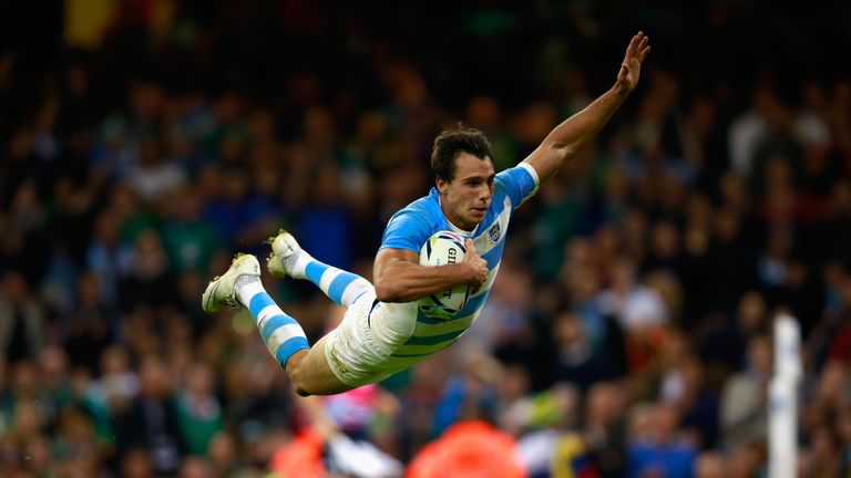 CARDIFF, WALES - OCTOBER 18:  Juan Imhoff of Argentina dives over the line to score his team's fourth try during the 2015 Rugby World Cup Quarter Final mat