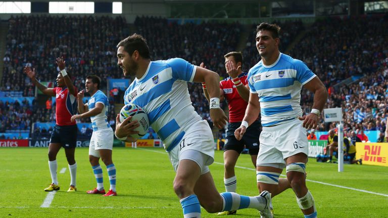 LEICESTER, ENGLAND - OCTOBER 11 : Horacio Agulla of Argentina scores a try in the first half during the 2015 Rugby World Cup Pool C match between Argentina