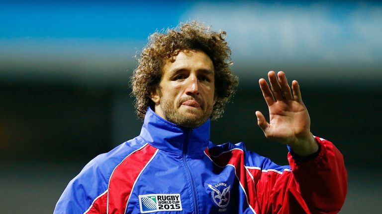 Jacques Burger of Namibia waves after the 2015 Rugby World Cup Pool C match between Namibia and Georgia at Sandy Park