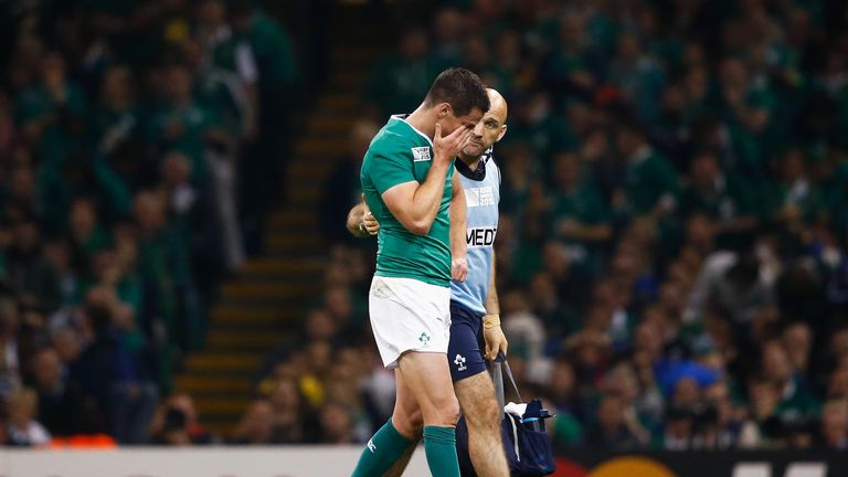 CARDIFF, WALES - OCTOBER 11:  Jonathan Sexton of Ireland looks dejected as he is replaced due to injury during the 2015 Rugby World Cup Pool D match betwee