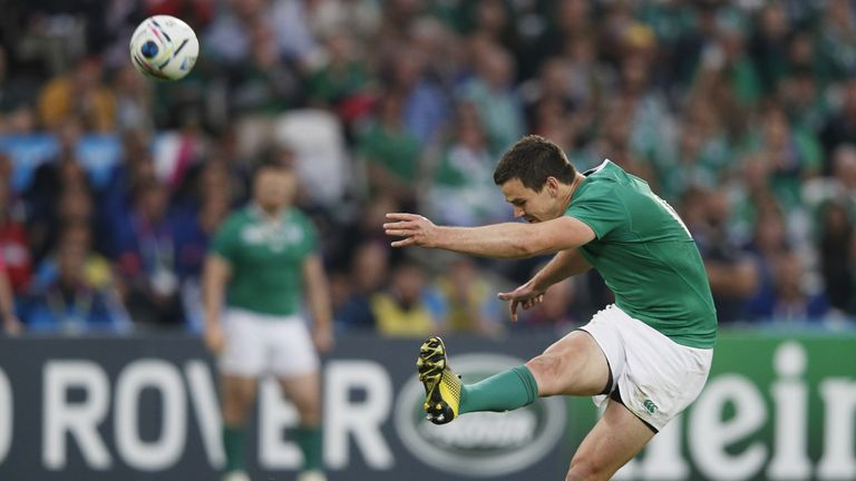 Ireland's fly half Jonathan Sexton kicks a penalty  during a Pool D match of the 2015 Rugby World Cup between Ireland and Italy at the Olympic Stadium