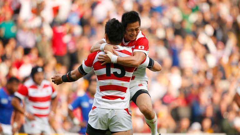 MILTON KEYNES, ENGLAND - OCTOBER 03:  Kosei Ono (R) and Ayumu Goromaru of Japan celebrate victory after the 2015 Rugby World Cup Pool B match between Samoa