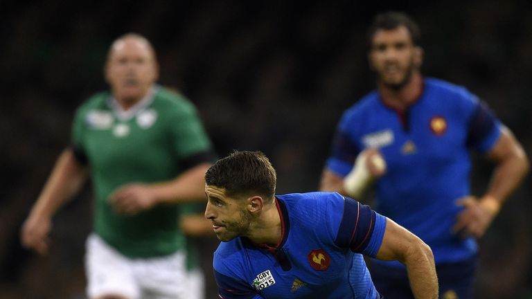 France's scrum half Sebastien Tillous-Borde passes the ball during the Pool D match of the 2015 Rugby World Cup between France and Ireland