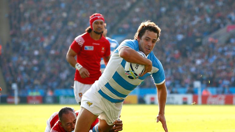 Nicolas Sanchez of Argentina dives over for their third tryduring the 2015 Rugby World Cup Pool C match between Argentina and Tonga