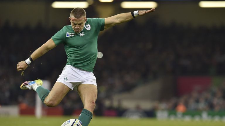 Ian Madigan kicks the ball  during a quarter final match of the 2015 Rugby World Cup between Ireland and Argentina at the Millennium Stadium