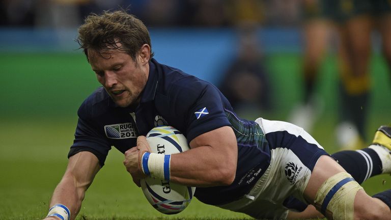 Scotland's centre Peter Horne scores his team's first try   during a quarter final match of the 2015 Rugby World Cup between Australia and Scotland