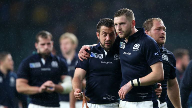 Greig Laidlaw (left) and Finn Russell of Scotland look dejected after the 2015 Rugby World Cup Quarter-Final against Australia