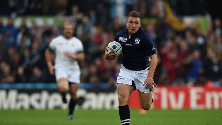 Scotland's fly half Duncan Weir runs toward the try line during a Pool B match of the 2015 Rugby World Cup between South Africa and Scot