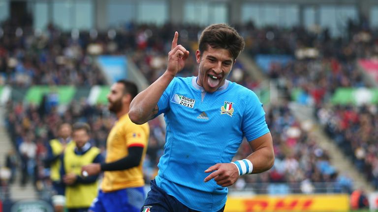 EXETER, ENGLAND - OCTOBER 11:  Tommaso Allan of Italy celebrates scoring their third try during the 2015 Rugby World Cup Pool D match between Italy and Rom
