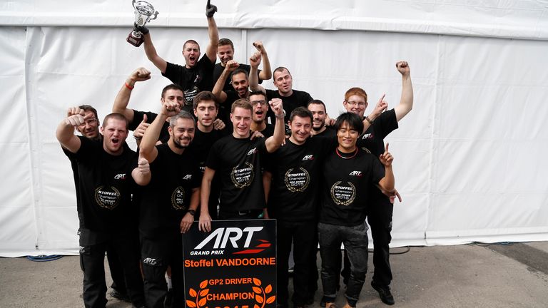 2015 GP2 Champion Stoffel Vandoorne celebrates with his team