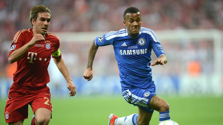 Bayern Munich defender Philipp Lahm and Chelsea's Ryan Bertrand  vie for the ball during the UEFA Champions League final in 2012