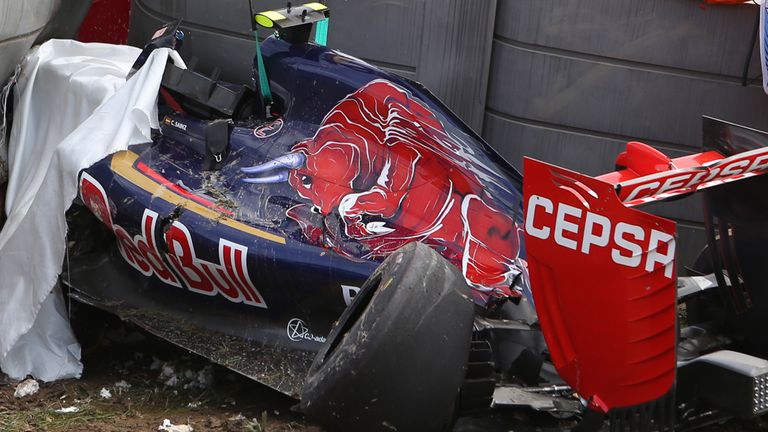 The damaged car of Carlos Sainz after his accident