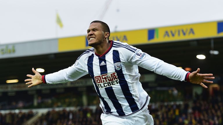 Salomon Rondon of West Bromwich Albion celebrates scoring his team's first goal against Norwich