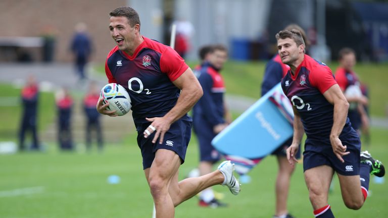  Sam Burgess runs with the ball during the England training session 