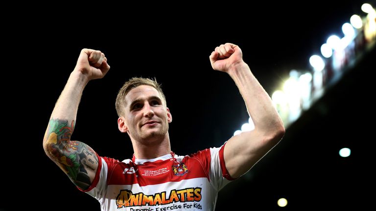  Sam Tomkins of Wigan celebrates following his team's 30-16 victory during the Super League Grand Final against Warrington