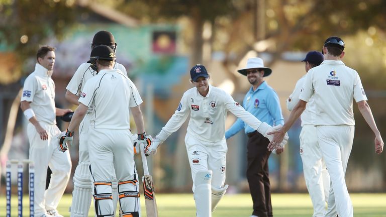  Sarah Taylor changes ends between wickets while competing in the men's A-Grade match between Northern Districts and Port