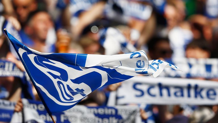 Fans of Schalke cheer and wave flags in support of their team during the Bundesliga match between FC Schalke 04 and SV Darmstadt 98 on August 22, 2015