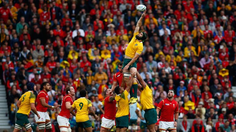  Scott Fardy of Australia wins a lineout ball during the 2015 Rugby World Cup Pool A match between Australia and Wales 