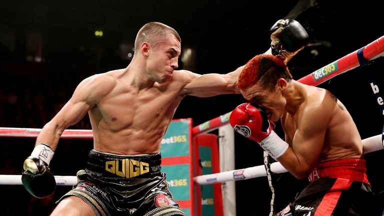 Scott Quigg (L) in action with Diego Silva during their WBA World Super Bantamweight Champinship bout at Phones4u Arena